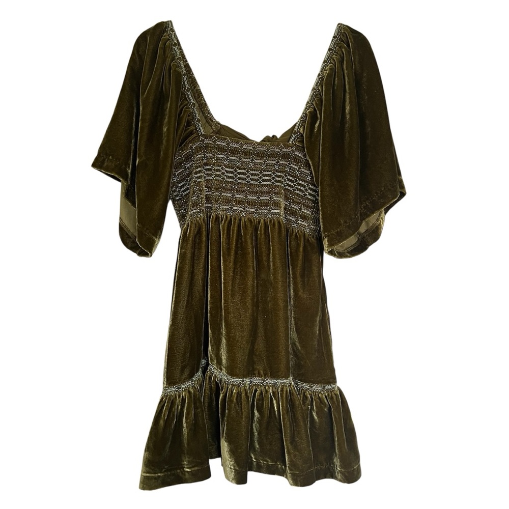 Free People Easy To Love Green Velvet Mini Dress Flutter Sleeve Romantic XS